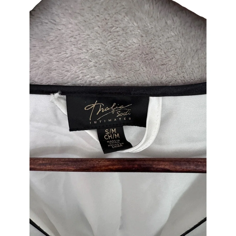 Vintage Ivory Satin Black Lace Kimono Robe with White Rose, Small Size
